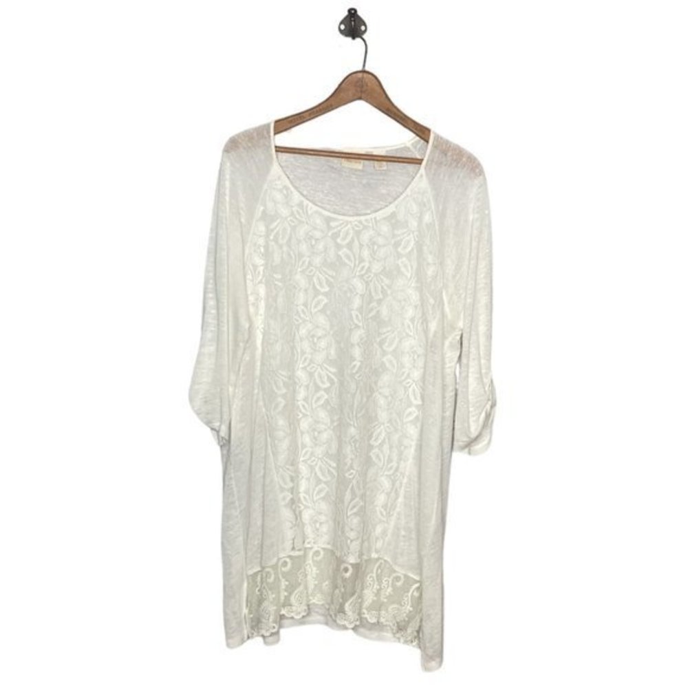 Chico's 2 Ivory Lace Overlay‎ Linen Blend Slub Knit Pullover Tunic Sweater Large